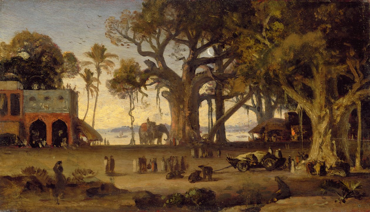 Cena ao luar de figuras indianos e elefantes entre as árvores de Banyan, Upper India (provavelmente Lucknow) (óleo no painel de madeira indiana) de Johan Joseph Zoffany