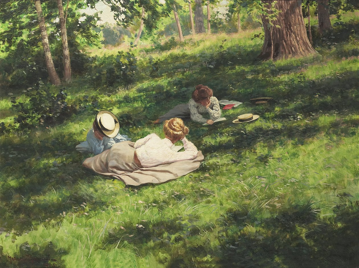 Três, preguiçoso, mulheres, em, verão, landscapethree, lendo mulheres, em, um, verão, paisagem de Johan Fredrik Krouthen