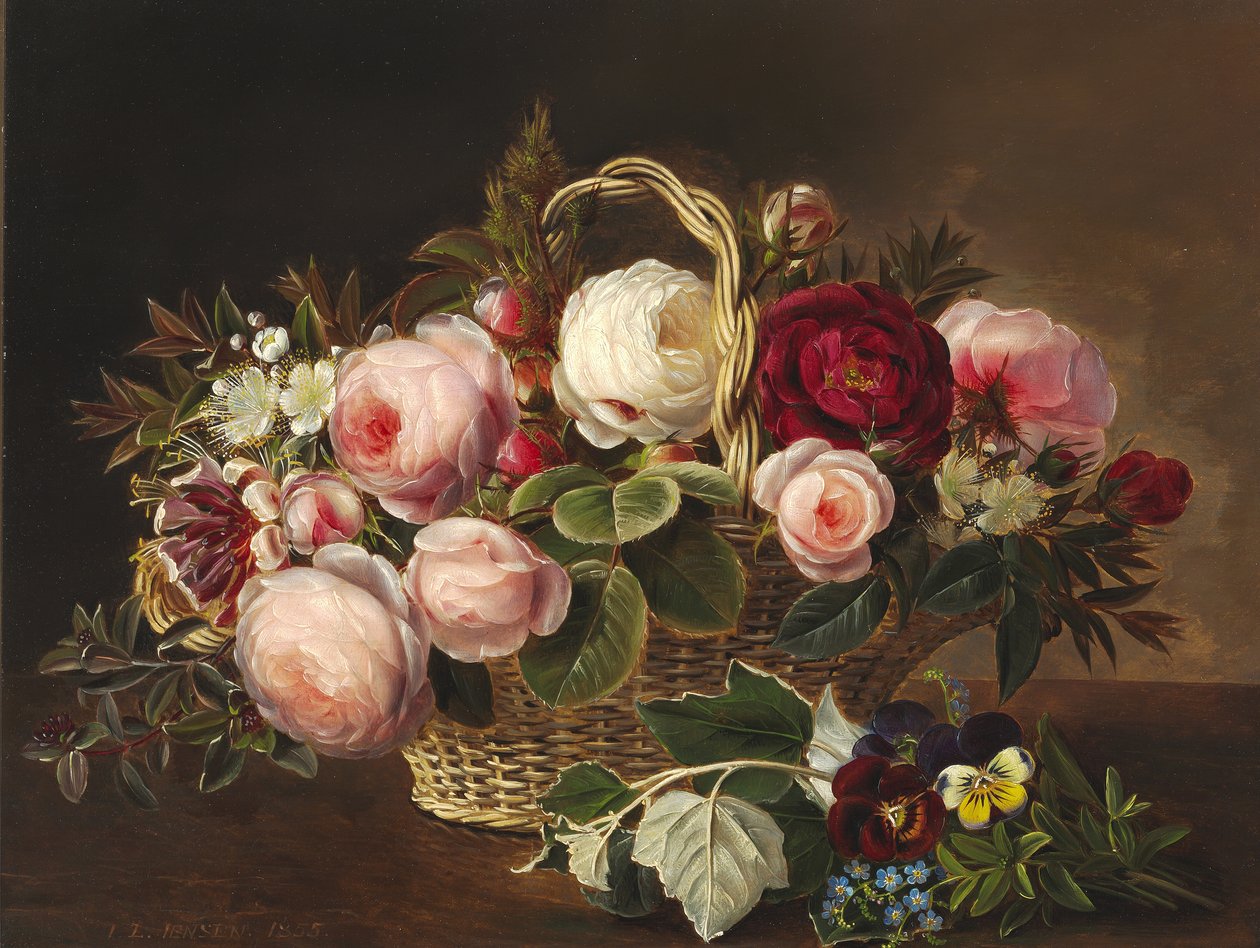 Rosas e flores de verão na cesta em um quadro de Johan Laurentz Jensen