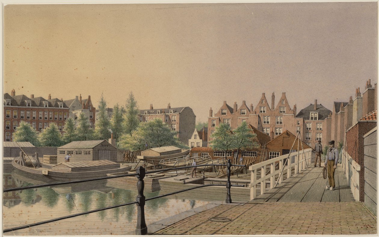 O pátio de barcos da cidade visto em direção oeste para o achterhuizen aan de Amstel de Johan Rieke