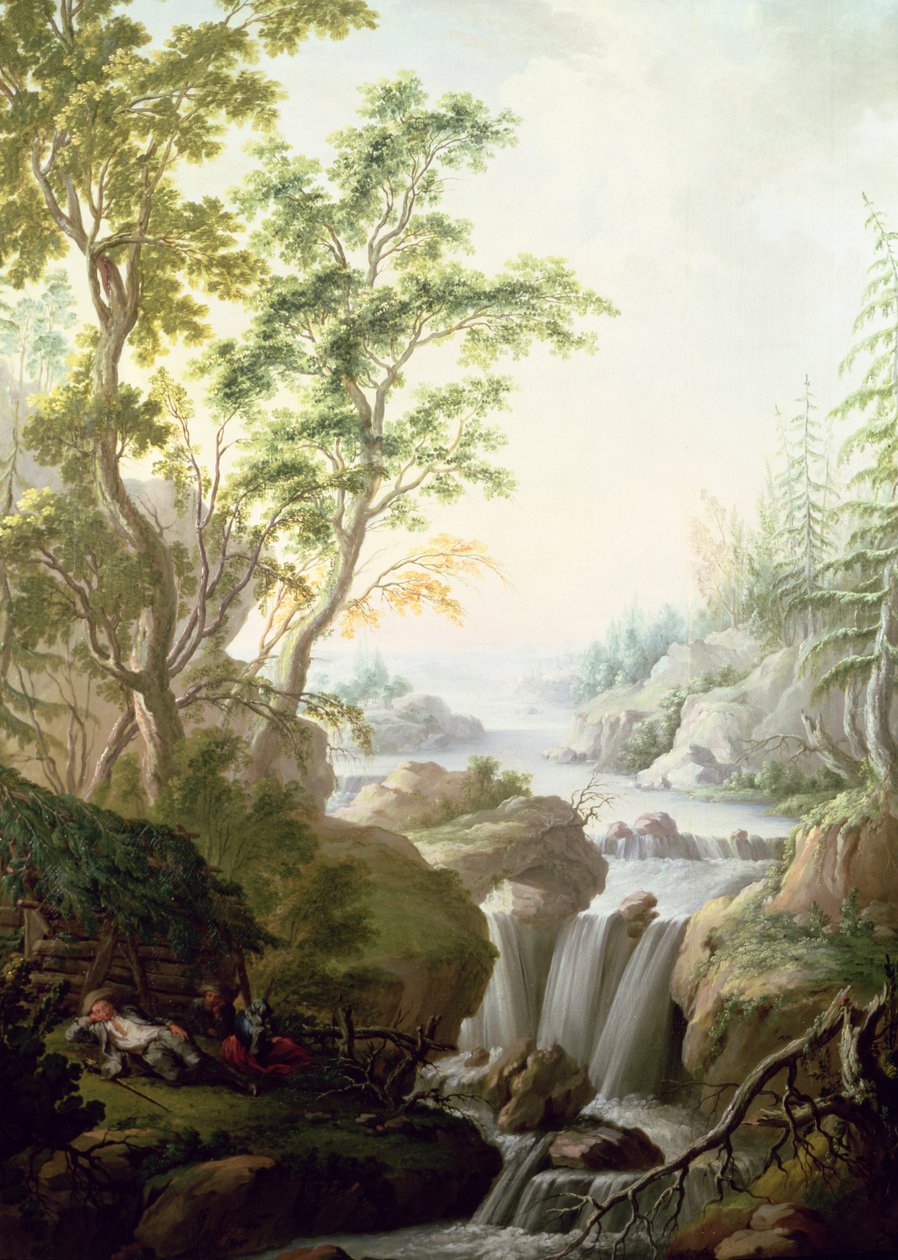 Uma paisagem da floresta rochosa com uma cachoeira de Johan the Elder Pasch