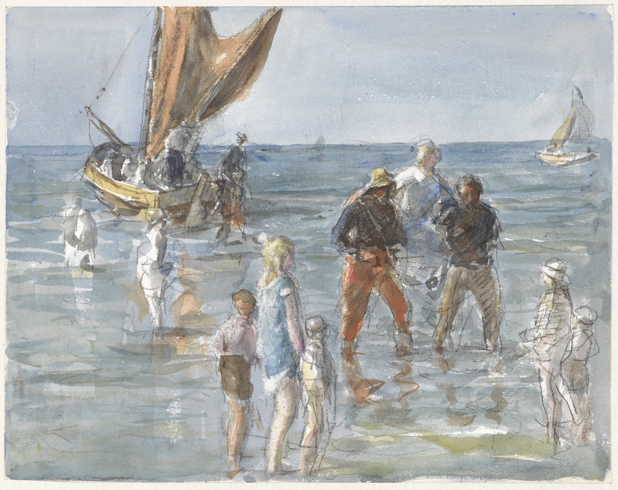 A senhora é transportada de um barco para terra por dois pescadores de Johan Antonie de Jonge