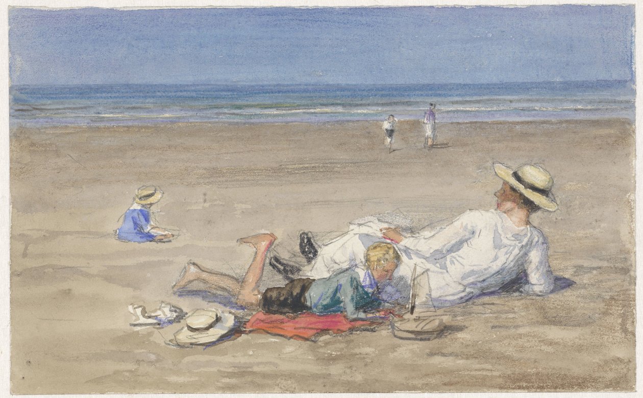 Babá de descanso com dois filhos na praia de Johan Antonie de Jonge