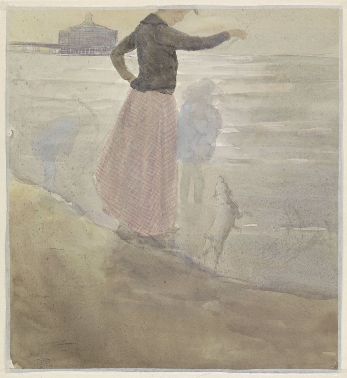 Mulher com dois filhos e um cachorro na praia de Johan Antonie de Jonge