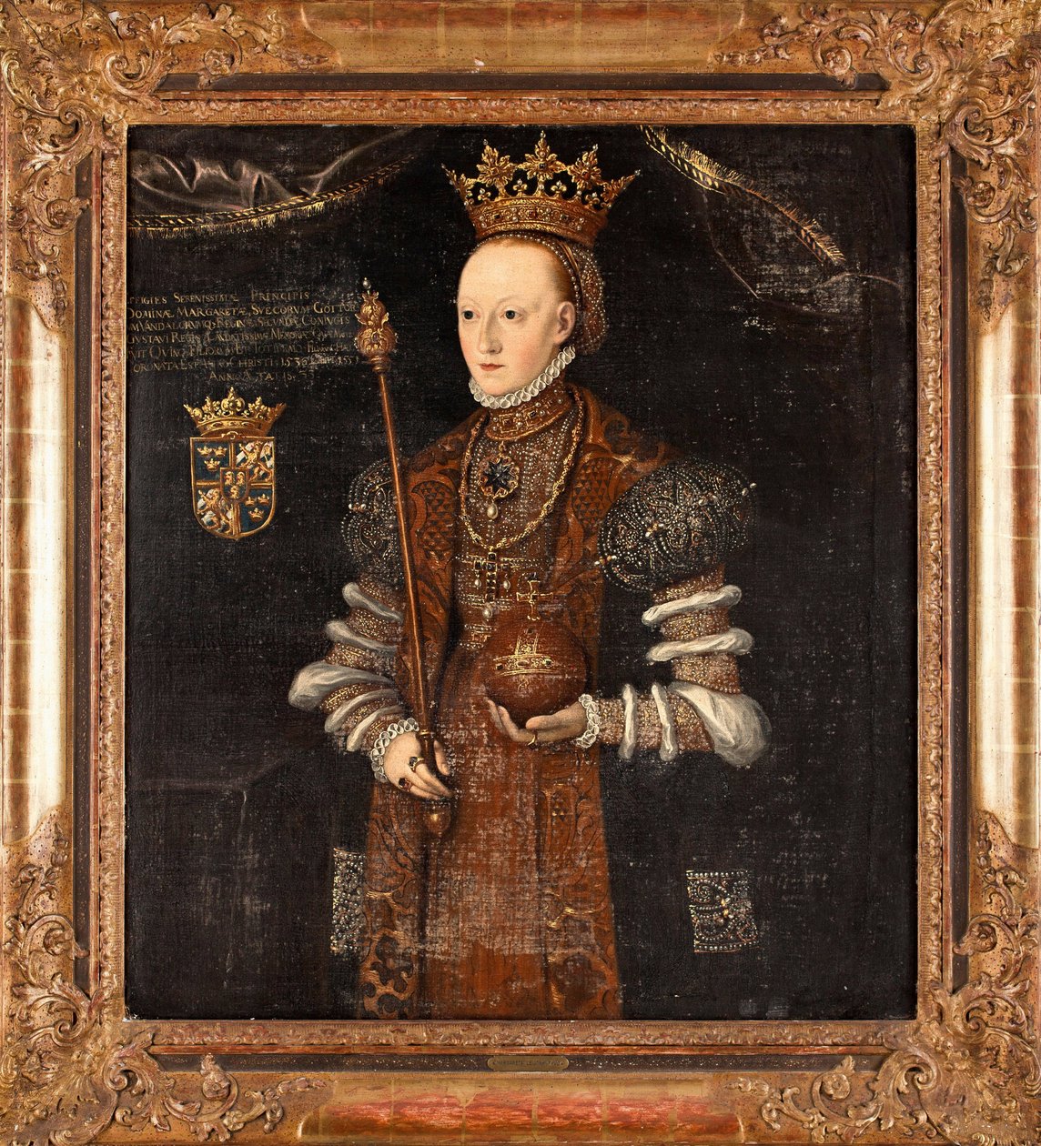 Retrato de Margaret Lejonhufvud (nee Margareta Eriksdotter) (1516-1551), Rainha da Suécia - Pintura de Johan Baptista van Uther (activo 1562-1597), óleo sobre tela (102x90 cm) de Johan Baptista van (active 1562 1597) Uther
