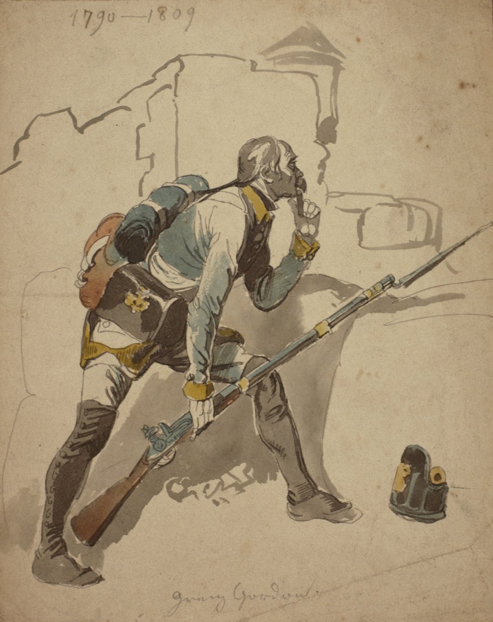 Uma Infantaria Privada da Linha (possivelmente 27º Regimento, Hesse Cassell), 1790-1809 (aguarela) de Johan Baptiste Heinefetter