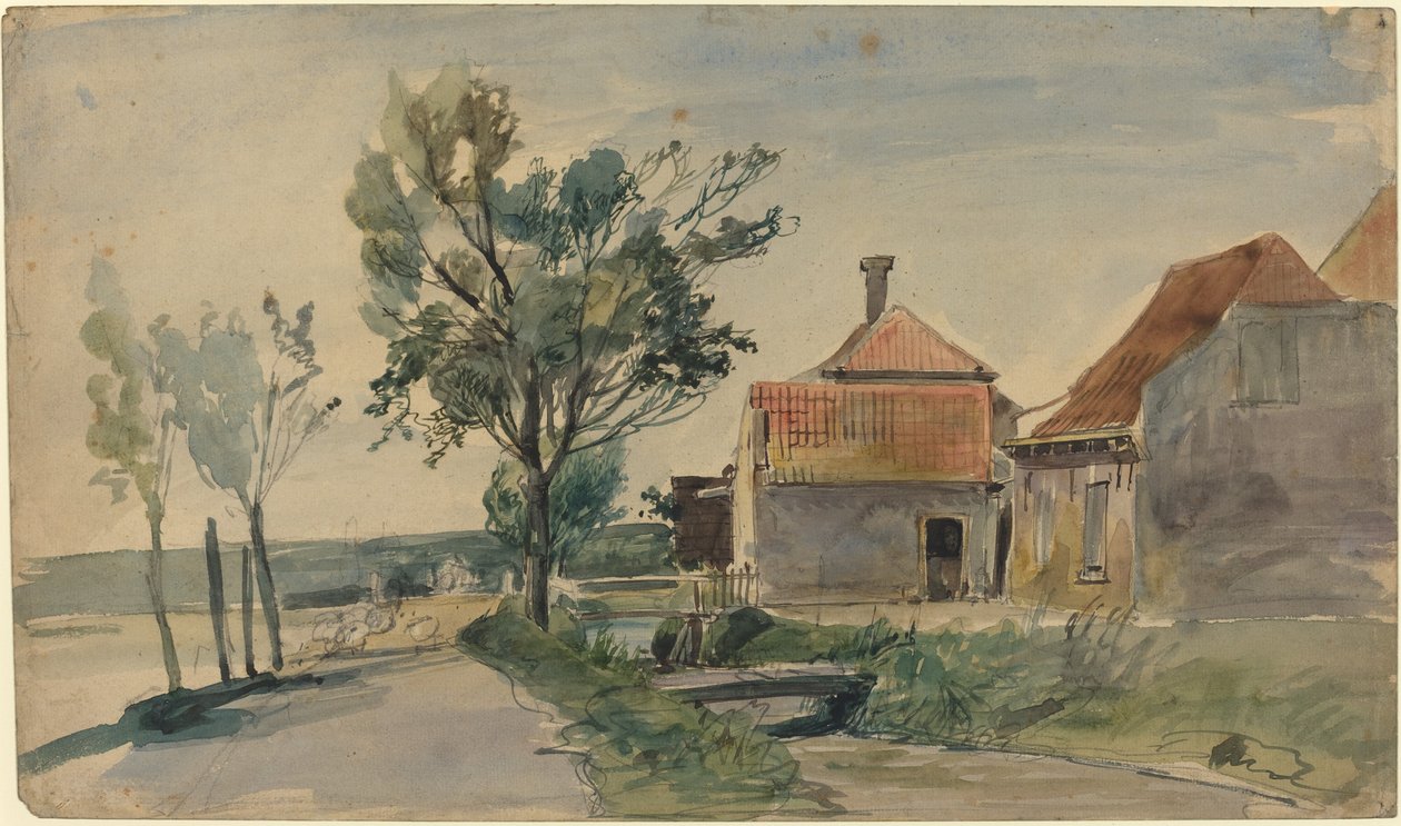 Um córrego correndo entre casas e uma estrada de Johan Barthold Jongkind