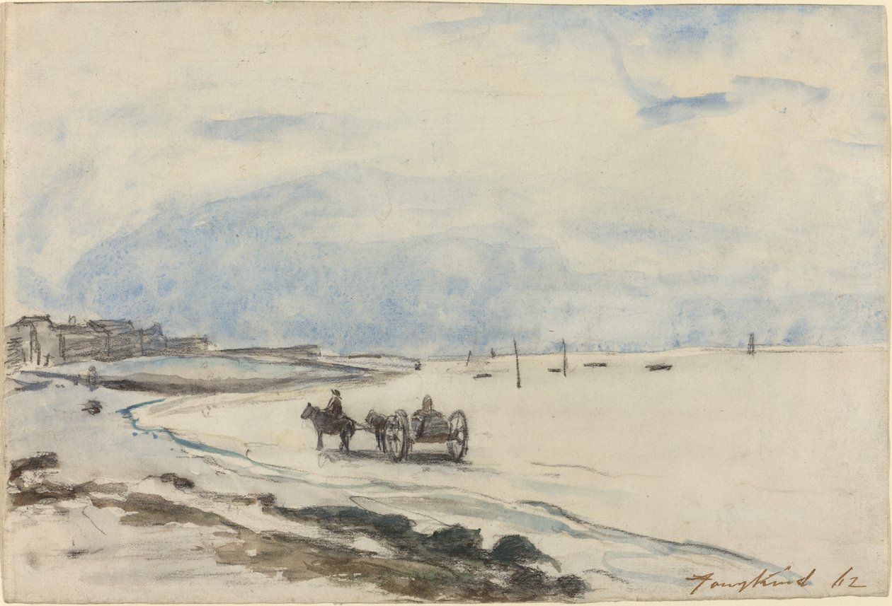 Carrinho na praia em Etretat de Johan Barthold Jongkind