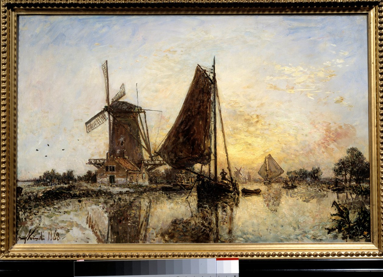 Dutch Landscape, Boats Near the Mill Painting by Jean Barthold Jongkind (1819-1891) 1868 Sun. 0,52x0,81 m Paris, Musee d