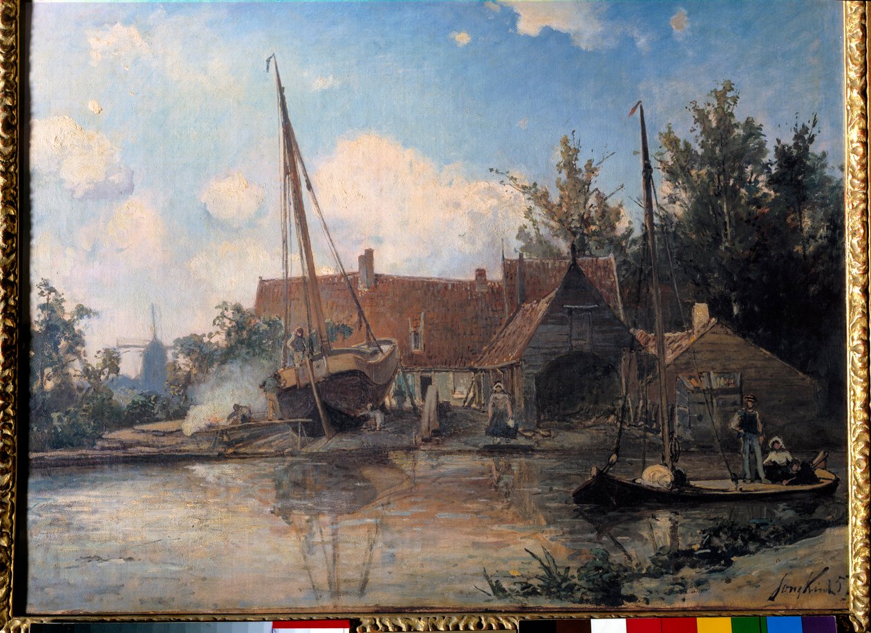 Paisagem Holandesa com uma Grande Pintura de Calafetagem de Barco de Jean Barthold Jongkind (1819-1891) 1857 Sol. 0,42x0,56 m de Johan Barthold Jongkind