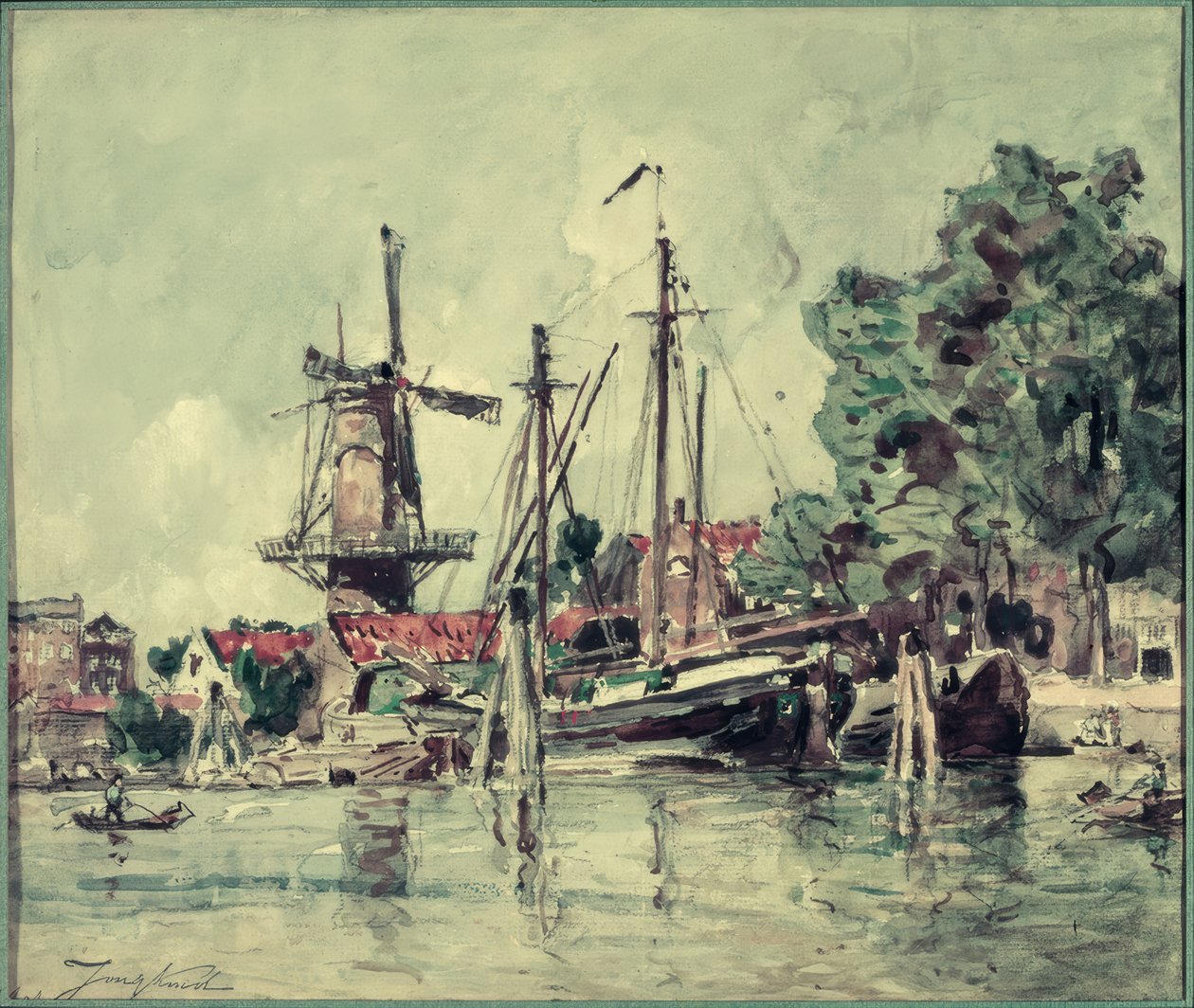 Na Holanda, os barcos perto do moinho de Johan Barthold Jongkind