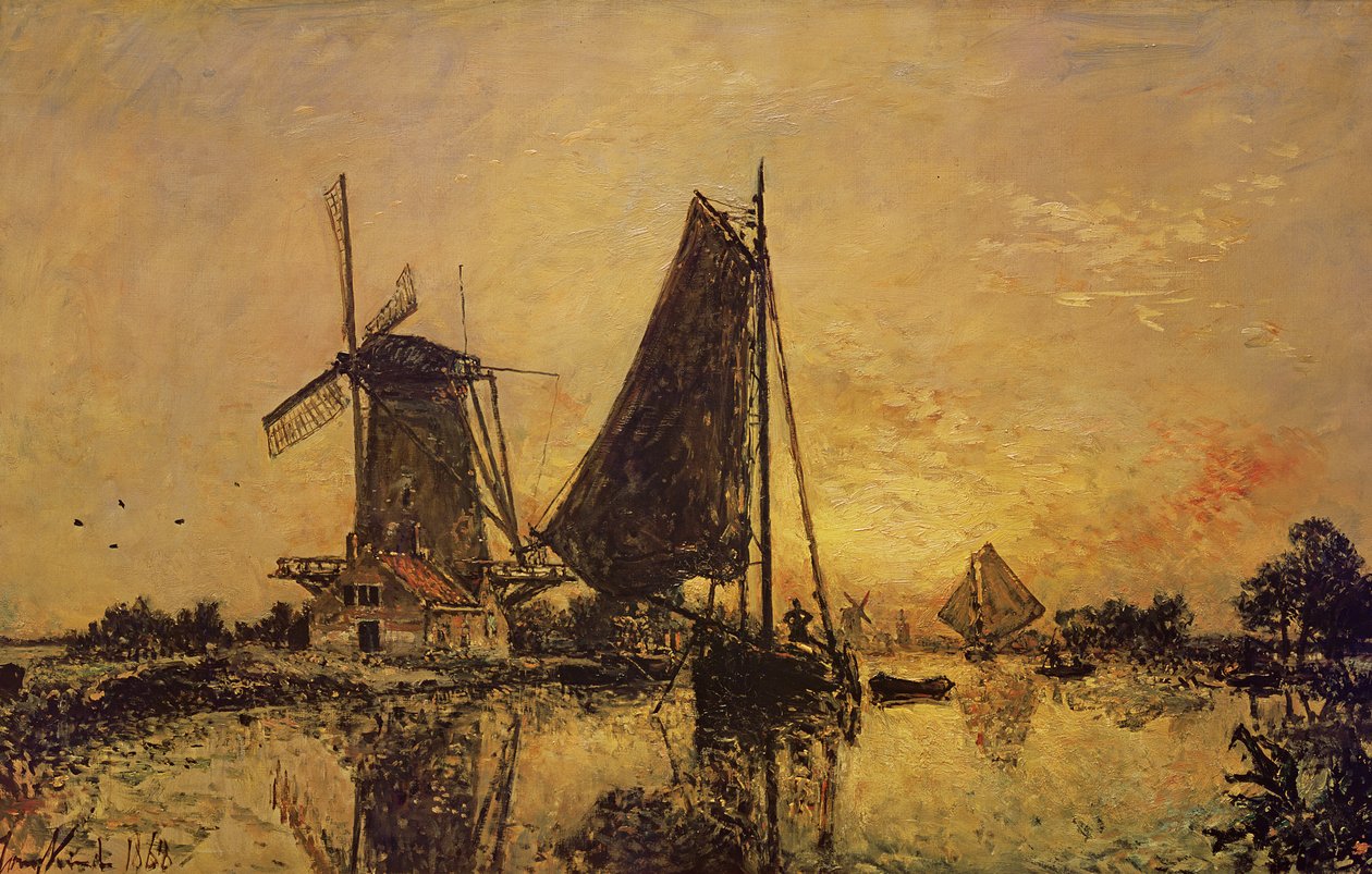 Na Holanda, barcos perto de um moinho de vento, 1868 de Johan Barthold Jongkind