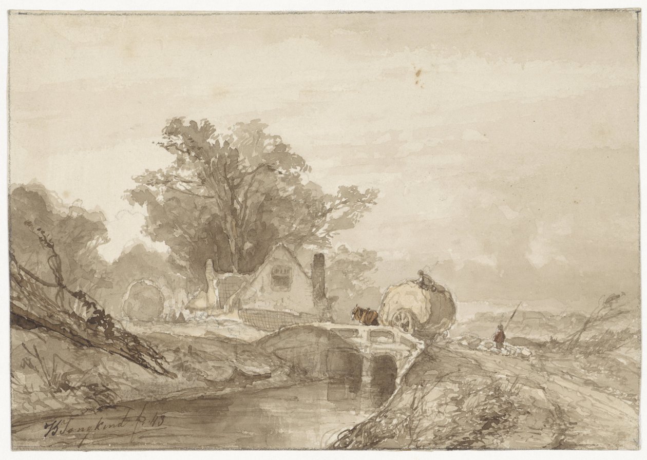 Paisagem com uma ponte com um opilião nele de Johan Barthold Jongkind