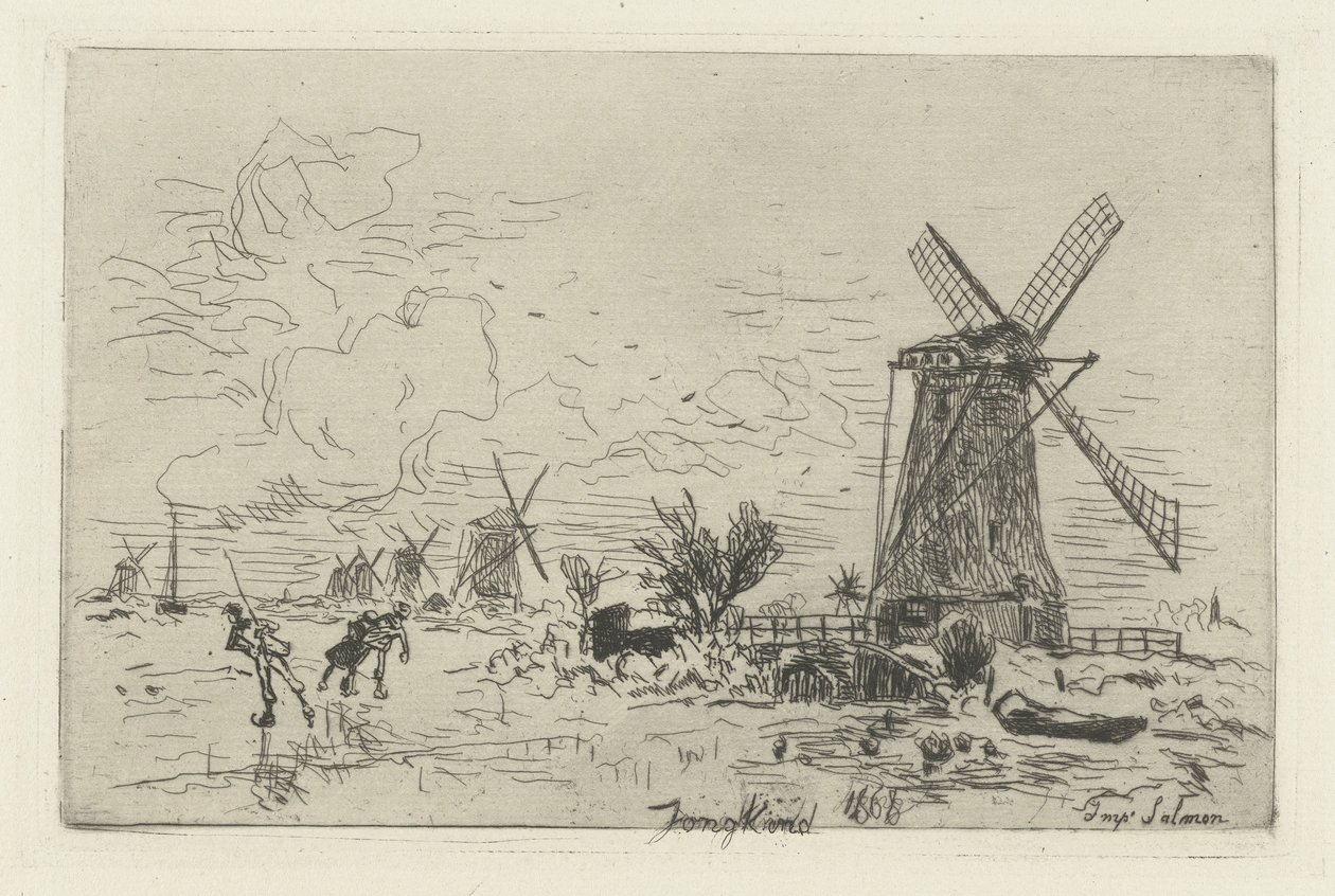 Paisagem com moinhos de vento e patinadores Batávia de Johan Barthold Jongkind