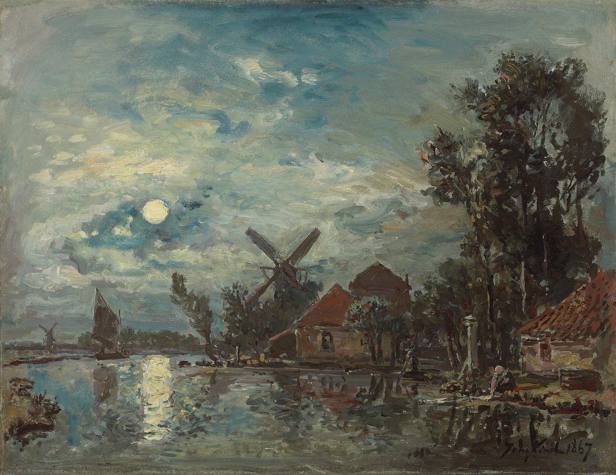 Luar no estuário, Holanda; Efeito da lua no estuário, Holanda, 1867 de Johan Barthold Jongkind