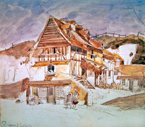 Casas antigas em Dieppe, na Normandia, França, 1851 (caneta, tinta e wc no papel) de Johan Barthold Jongkind
