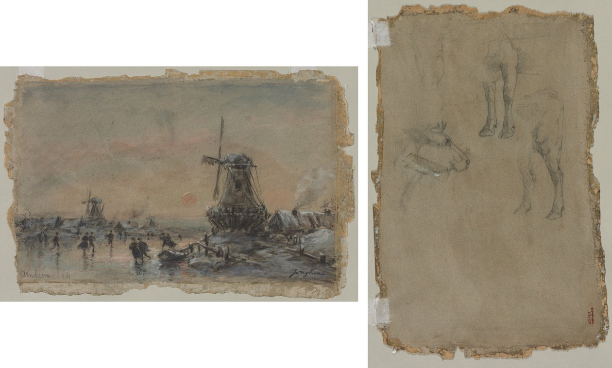 Vista de Arnheim (reto) Estudos de um touro (verso) de Johan Barthold Jongkind