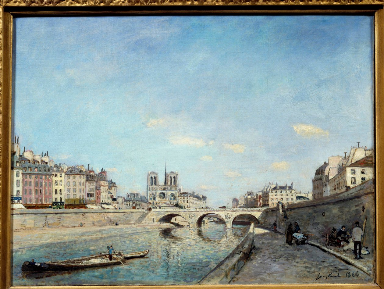 Vista das margens do Sena e da Catedral de Notre Dame de Paris Um peniche no rio. Pintura de Johan Barthold Jongkind (1819-1891) 1864 Sol. 0,42x0,56 m Paris, musee d