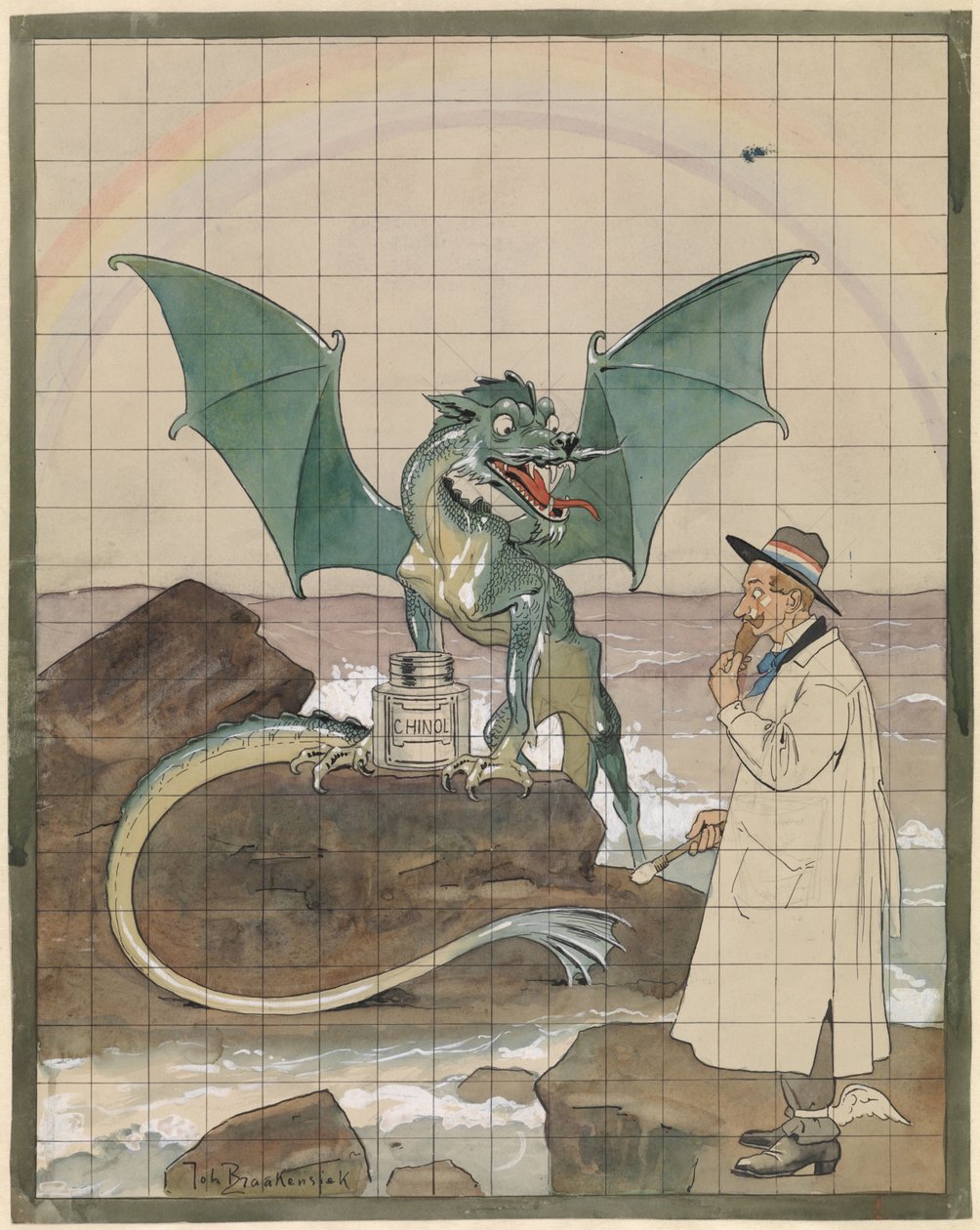 Artista com dragão em um pote de Chinol de Johan Braakensiek