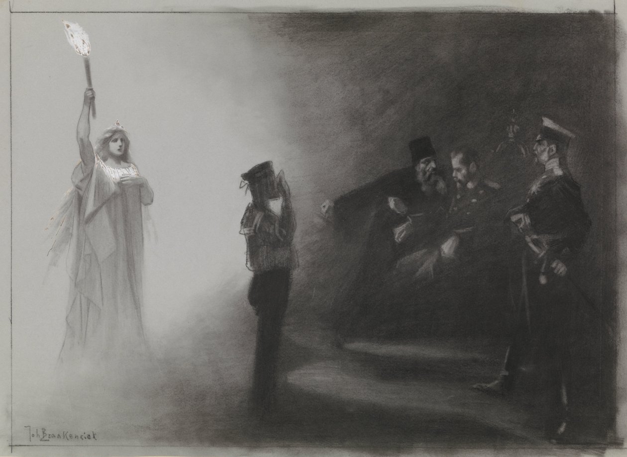 Desenho para ilustração em De Amsterdammer: A derrota da Rússia no mar, 4 de Junho de 1905 de Johan Braakensiek