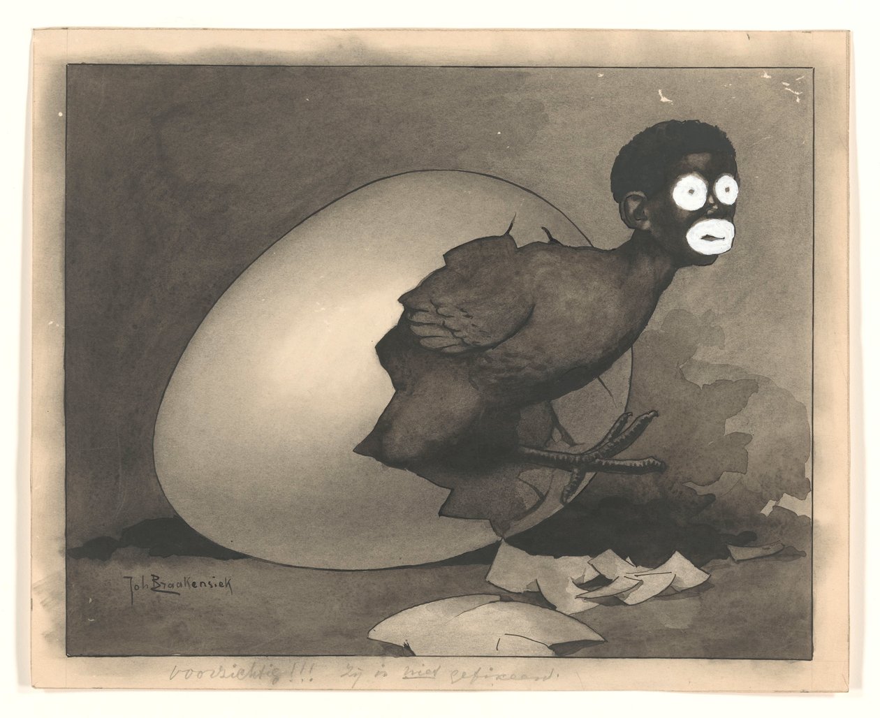 Desenho para ilustração em De Amsterdammer: um negro rasteja de um ovo (19 de Abril de 1930) de Johan Braakensiek