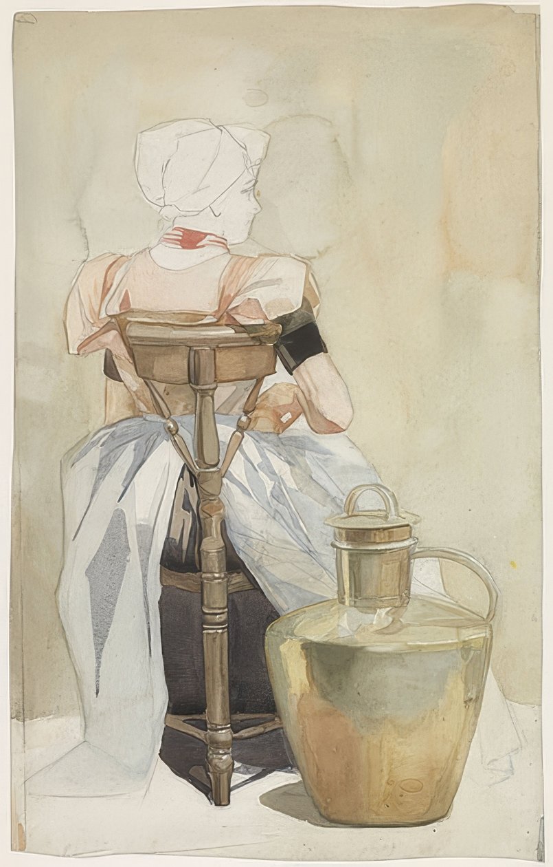 Sitzendes Mädchen in Tracht, Rückenansicht (Garota sentada em traje nacional, vista de trás) de Johan Braakensiek