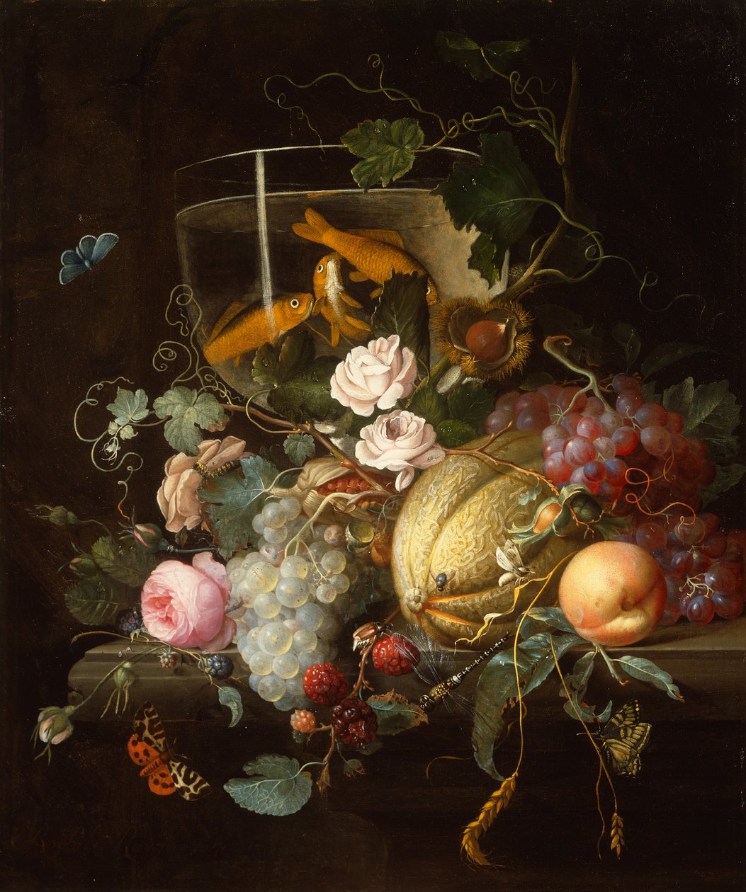 Uma Tigela de Peixe-dourado, Rosas, Frutas e Nozes com Insectos na Ponta de uma Pedra de Johan Christiaan Roedig