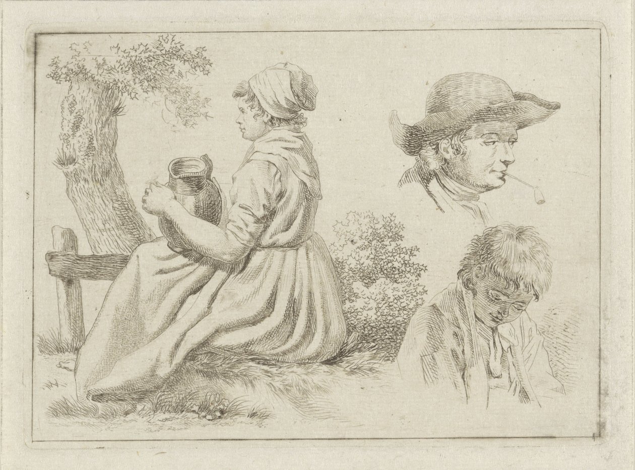 Mulher sentada com jarro de água, retrato de um homem com cano e de um rapaz de Johan Christiaan Willem Safft