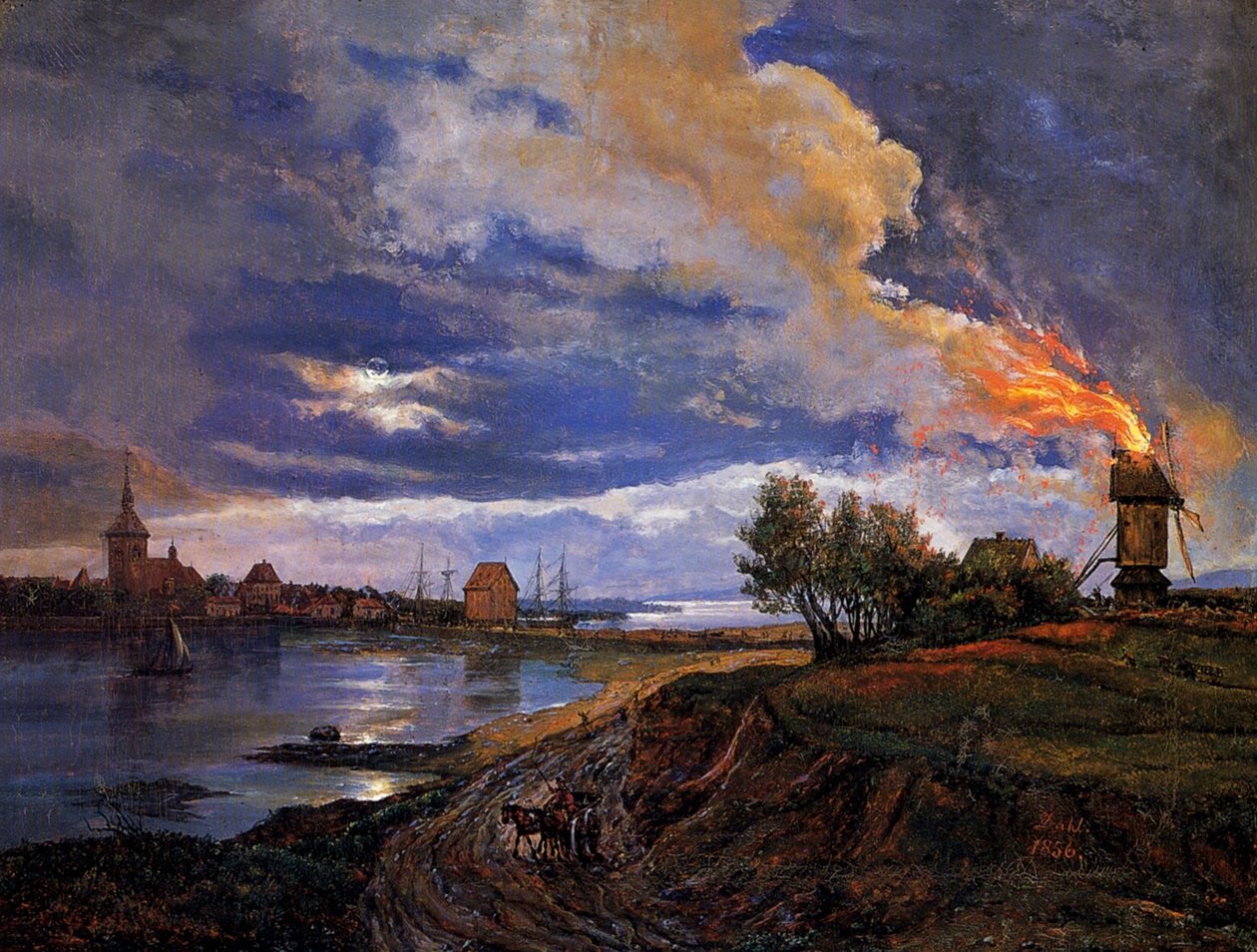 Moinho de vento a arder em Stege de Johan Christian Dahl
