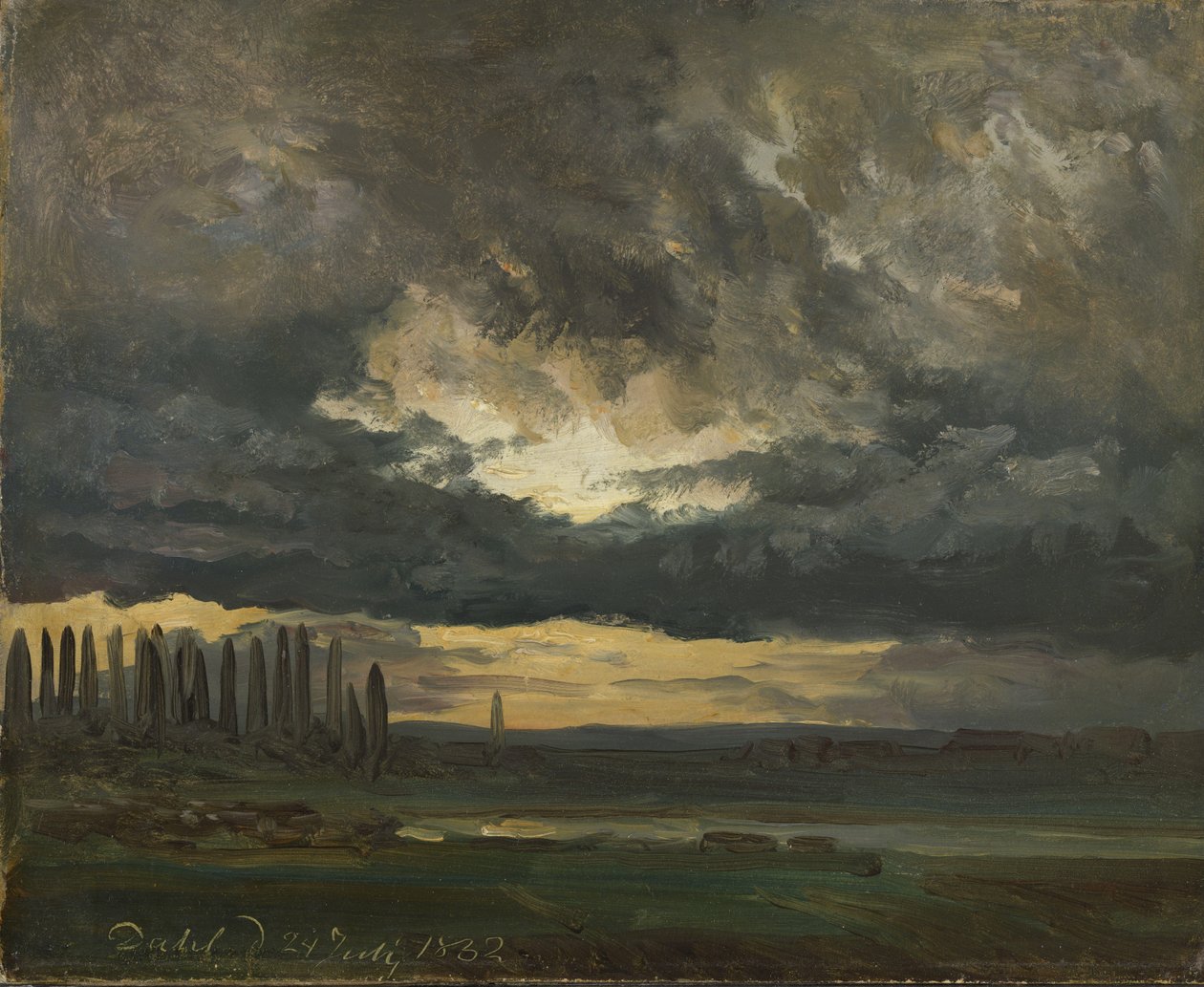 Estudo de nuvens sobre o Elba com choupos de Johan Christian Dahl