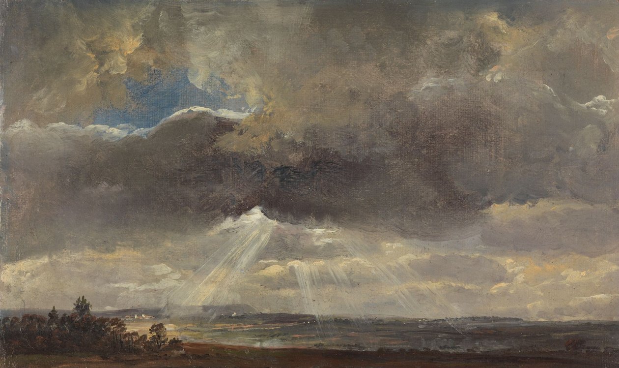 Nuvens e raios de sol sobre o Windberg perto de Dresden de Johan Christian Dahl