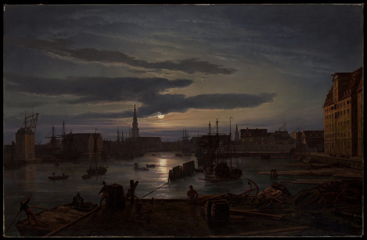 O porto de Copenhaga ao luar de Johan Christian Dahl