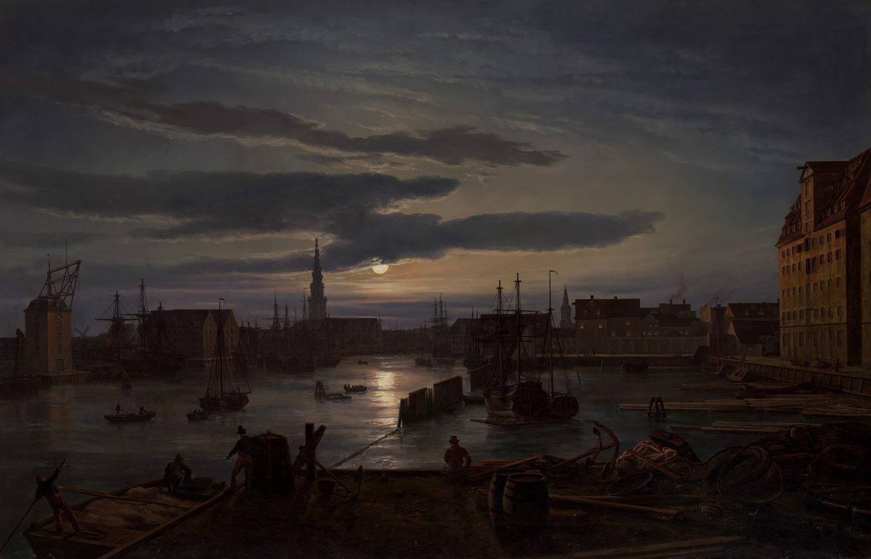 Porto de Copenhague ao luar, 1846. de Johan Christian Dahl