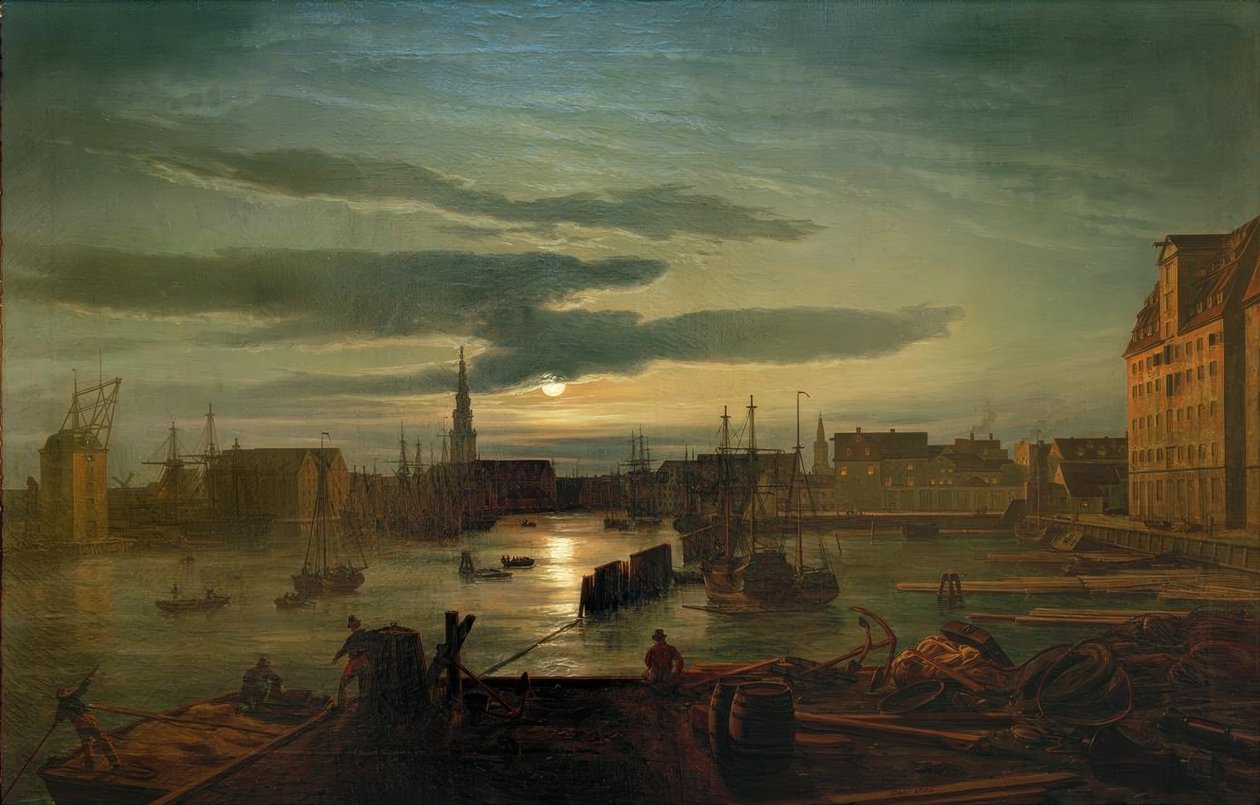 O porto de Copenhague ao luar de Johan Christian Dahl