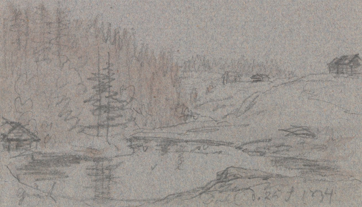 Paisagem com rio, casas e floresta de Johan Christian Dahl