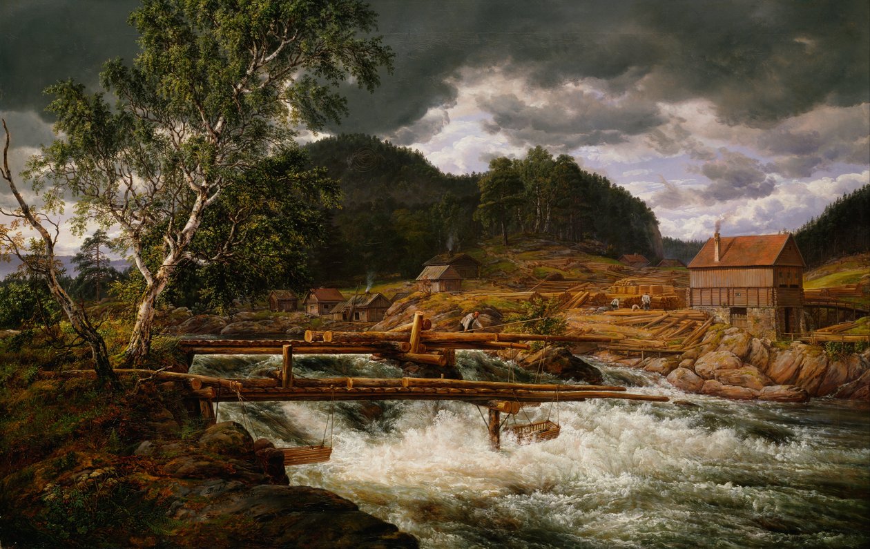 Norueguês Bokmål:  Hellefossen ved Hokksund Hellefossen perto de Hokksund de Johan Christian Dahl