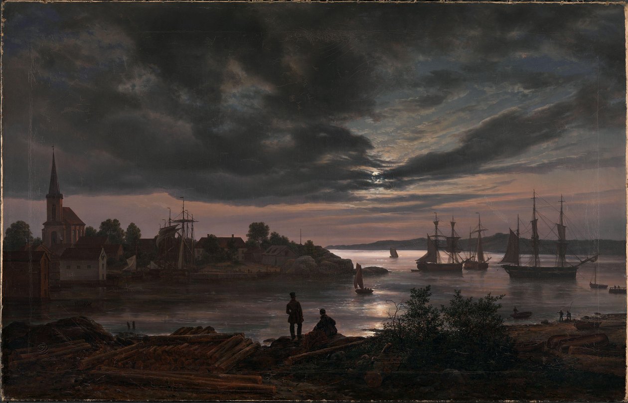 Norueguês:  Porto de Larvik ao luar Larvik ao luar de Johan Christian Dahl
