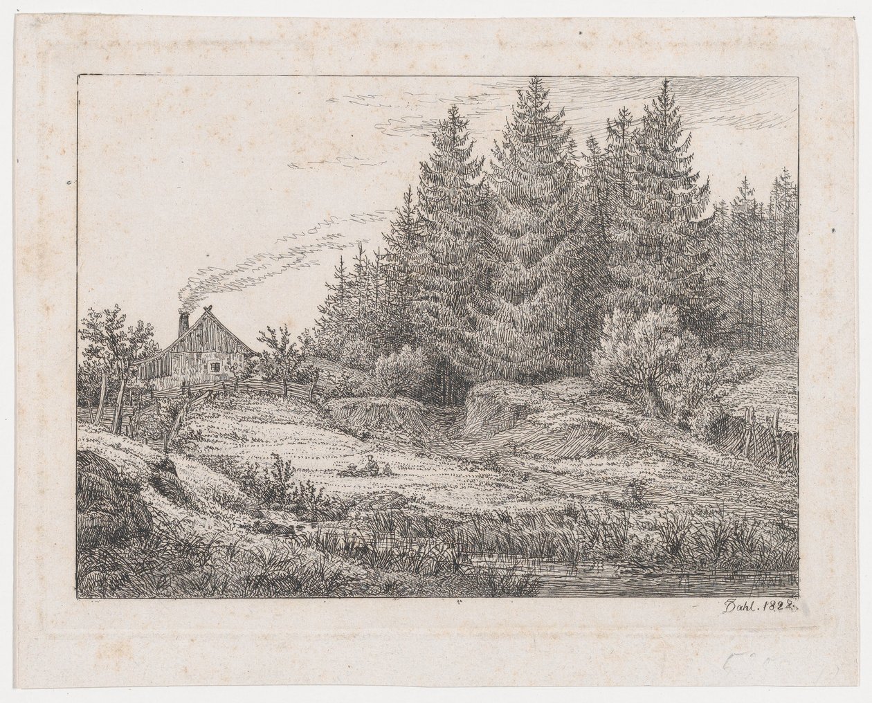 Cabana de camponeses à beira de uma floresta de Johan Christian Dahl