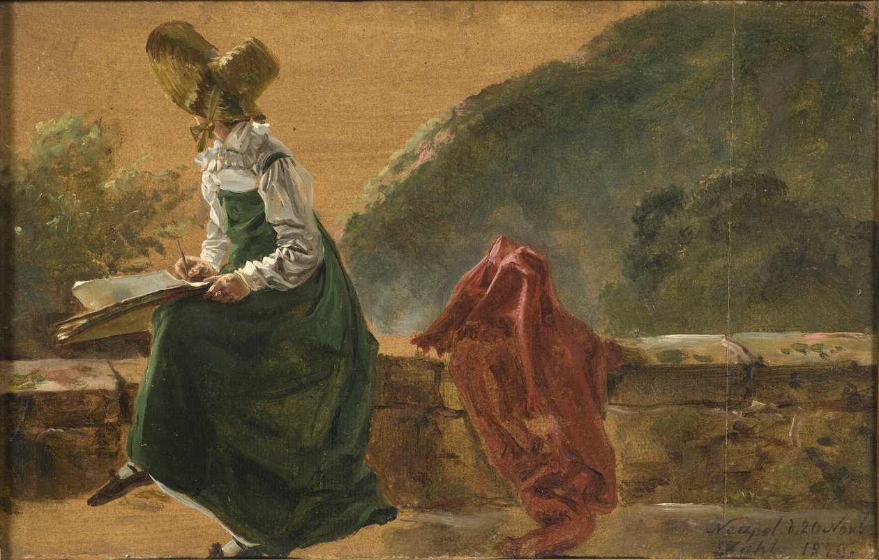 A princesa Carolina Amália a desenhar em Nápoles. Estudo de Johan Christian Dahl