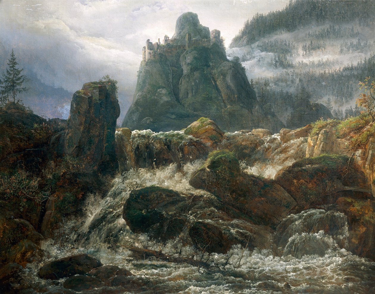 Ruínas românticas com torrente, pintadas por Johan Christian Clausen Dahl (1788-1857). de Johan Christian Dahl