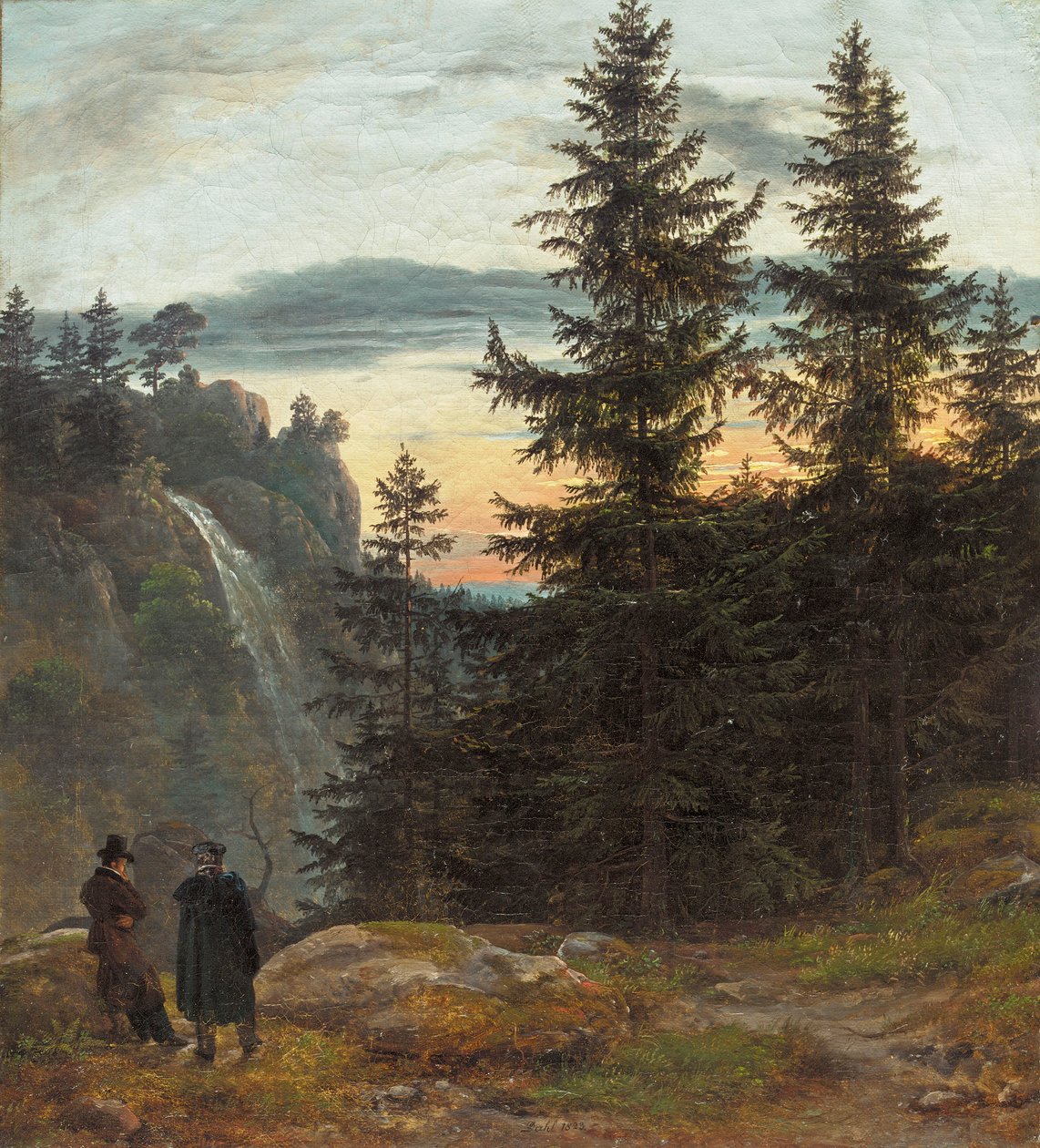Dois homens diante de uma cascata ao pôr do sol de Johan Christian Dahl