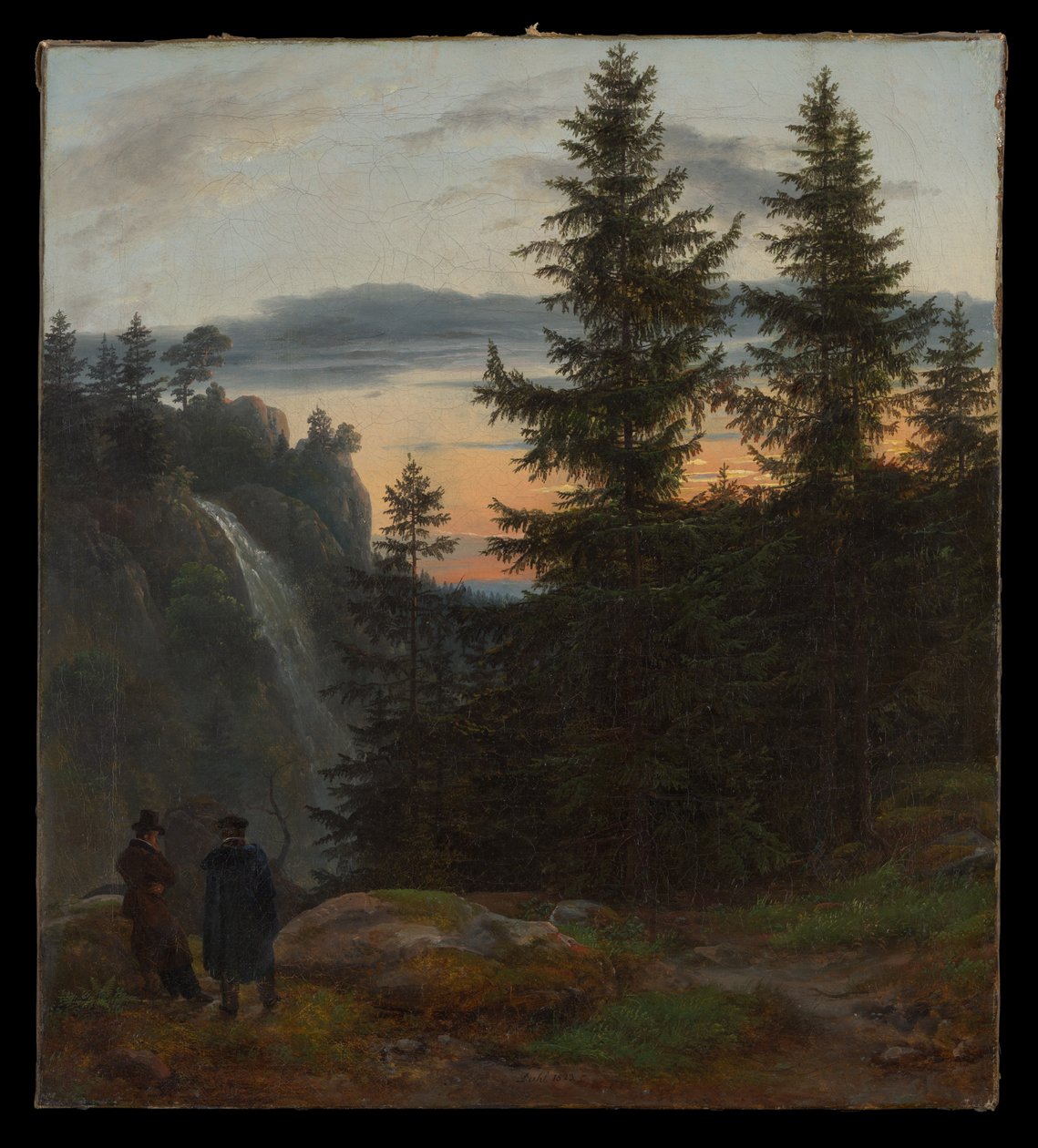 Dois homens diante de uma cascata ao pôr do sol de Johan Christian Dahl