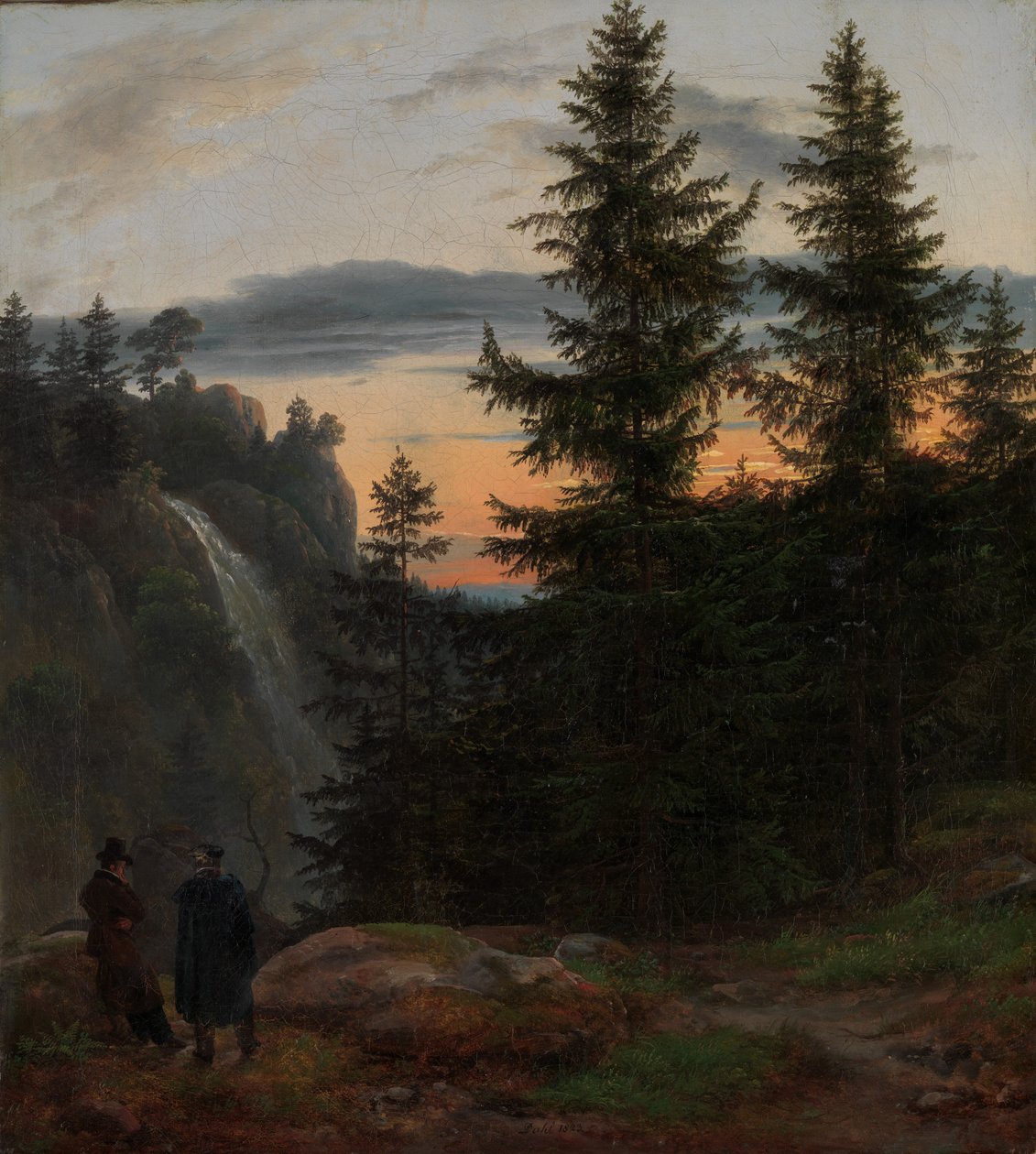 Dois homens diante de uma cachoeira ao pôr do sol, 1823. de Johan Christian Dahl