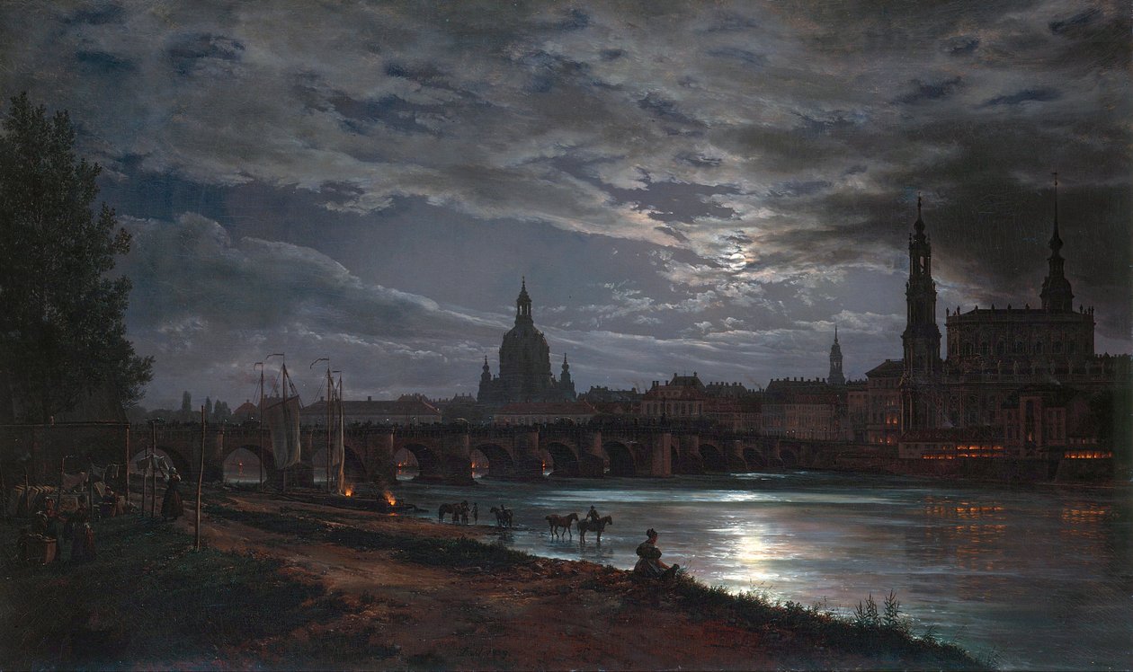 "Vue de Dresde au clair de lune" (Vista de Dresden ao luar) Peinture de Johan Christian Clausen Dahl (1788-1857) 1839 - Óleo sobre tela Dim 78x130 cm Dresden State Art Collections Dresde de Johan Christian Dahl
