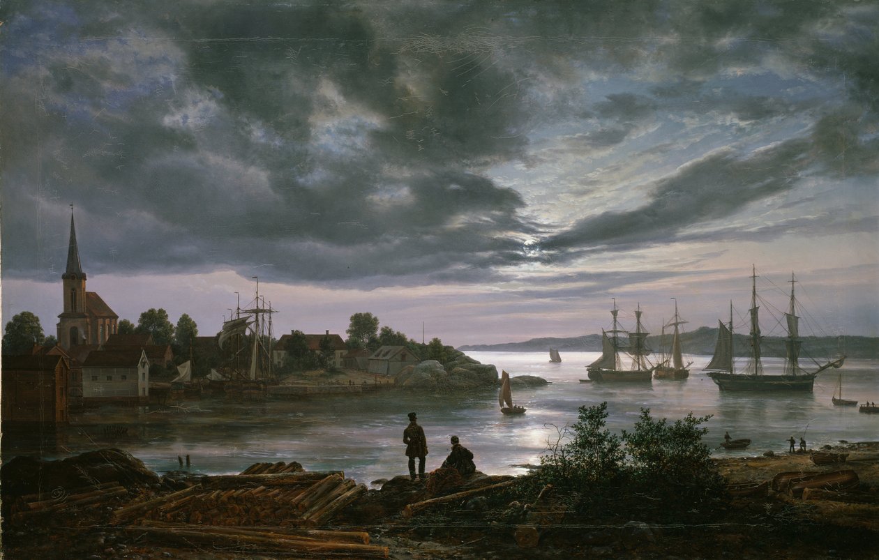 ""Vue de Larvik au clair de lune, Norvege"" Peinture de Johan Christian Clausen Dahl (1788-1857) 1839 Oslo, museu nacional Norvege de Johan Christian Dahl