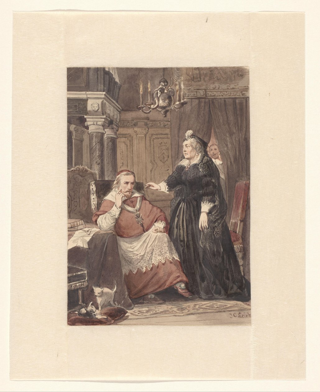 Duas pessoas num interior, possivelmente Maria de Medici e o Cardeal de Richelieu de Johan Coenraad Leich (signed by artist)