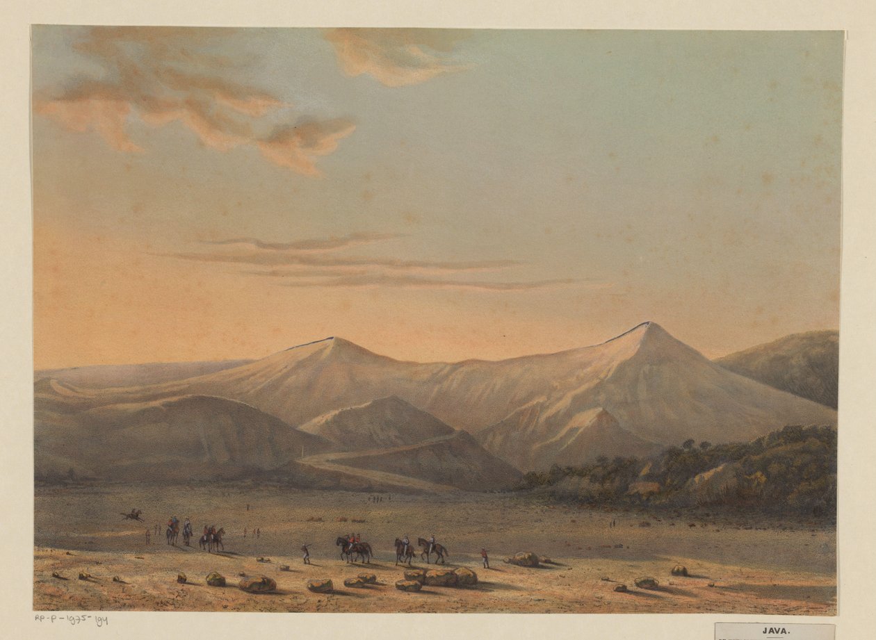 Vista do vulcão Bromo A montanha cuspidora de fogo de Bromo em 1856 (residência Probolingo) (título no objeto) de Johan Conrad Greive