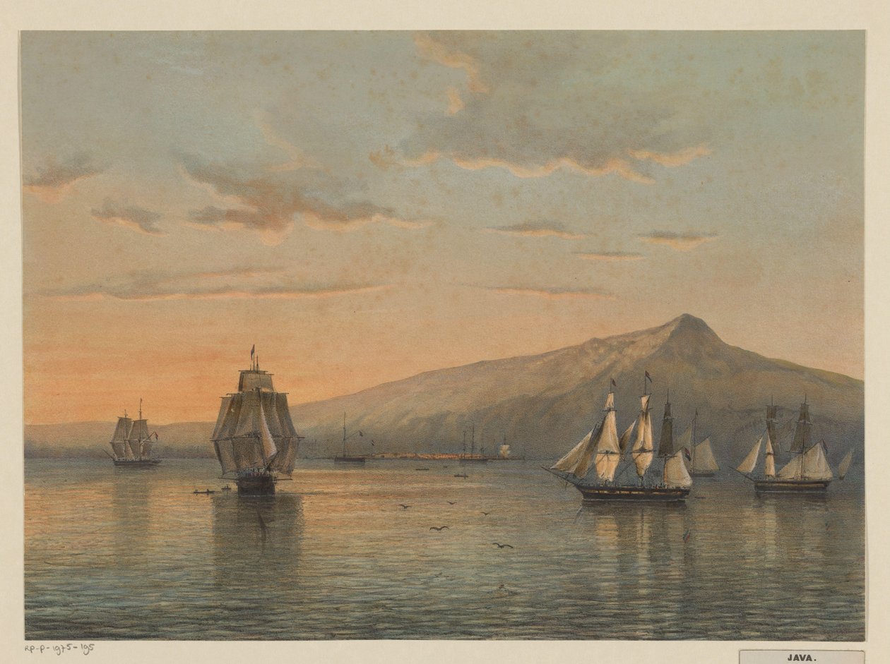 Vista do ancoradouro em Anjer em Java Cravo, costa norte de Java (residência Bantam) de Johan Conrad Greive