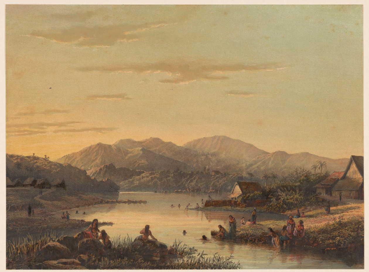 Vista da estância balnear de Wenditt em Java A cidade litorânea de Wenditt Af. malang. (Residência Passarouang.) (título no objeto) de Johan Conrad Greive