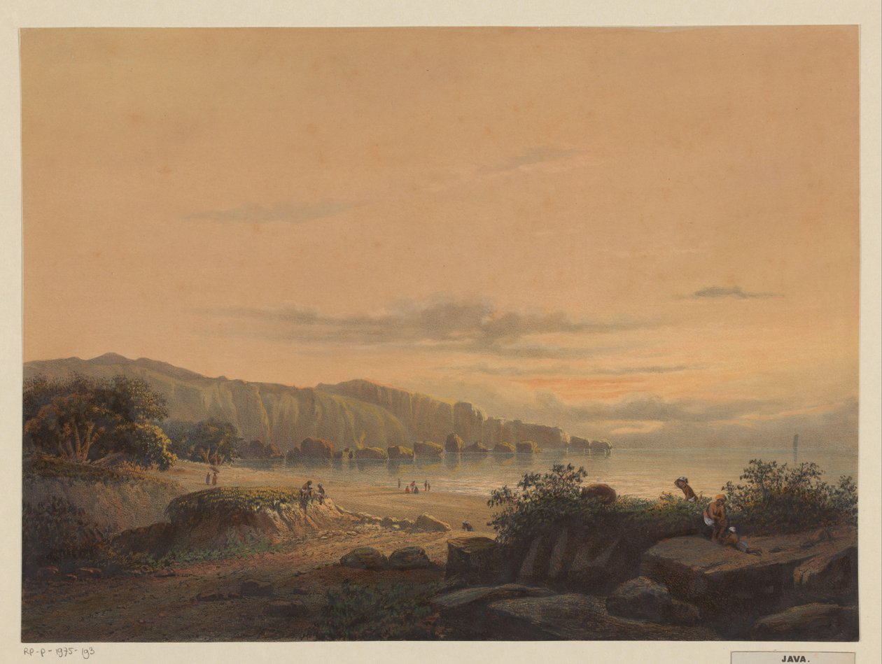 Vista de uma baía em Java
A pequena baía Srigonjo, South k. v. Java (regência Malang, resid. Passarououang.) (título sobre o objecto) de Johan Conrad Greive
